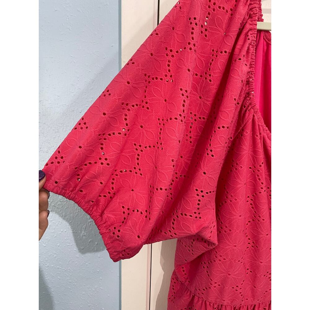 Lane Bryant Blouse 26/28 Pink Floral Embroidered Eyelet Puff Sleeve Coquette - Picture 4 of 7